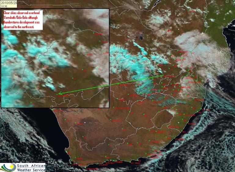Figure 4: Satellite image at 1200Z on 29 May 2010 showing thunderstorm development over the north-western parts of Limpopo up to the area to the immediate north-west of Bela-Bela 1.