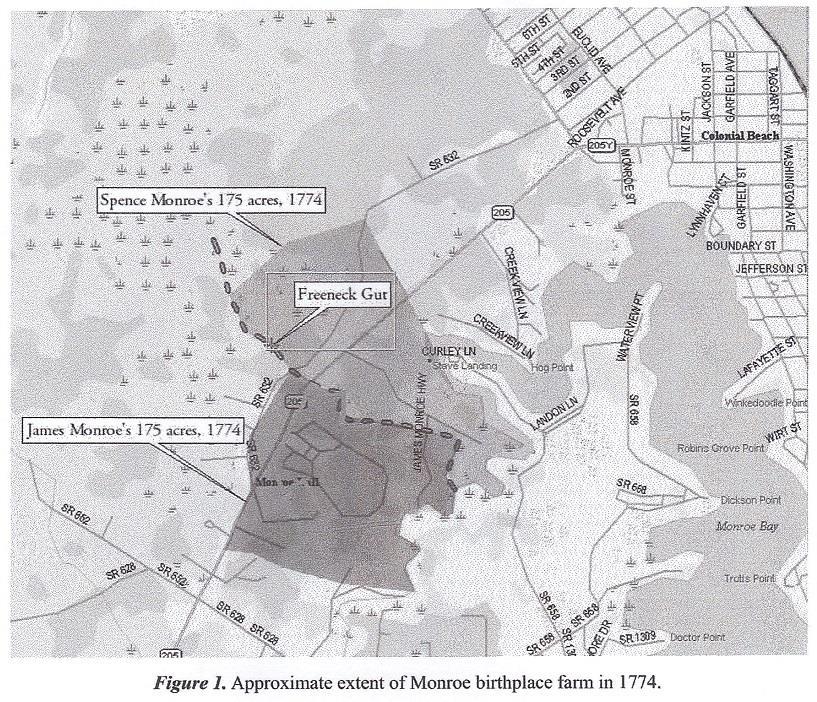 The above shows the approximate Boundary of Spence Monroe s Property The plantation where President James Monroe was born in 1758 consisted of 250 acres extending northwestward from Monroe Creek and