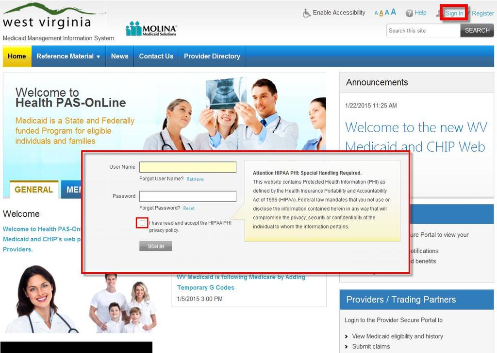 In the Health PAS-Online banner click the Sign In hyperlink.