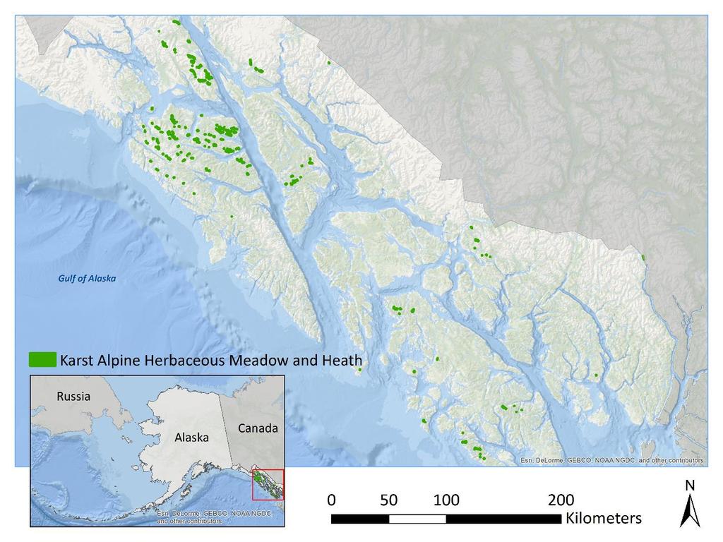 Figure 2. Distribution of the Karst Alpine Herbaceous Meadow and Heath Biophysical Setting in Southeast Alaska. Note that the areas of occupancy in this map are buffered for greater visibility.
