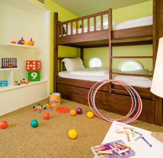 Most rooms offer a king bed or two double beds, while the family residence suites also provide bunk beds for the youngsters.