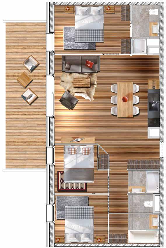 on supports and / or balcony larch u Bathroom and shower room fully equipped (vanity unit with mirror, bathtub or shower, electric shower and heated towel rail) u Equipped kitchen with storage