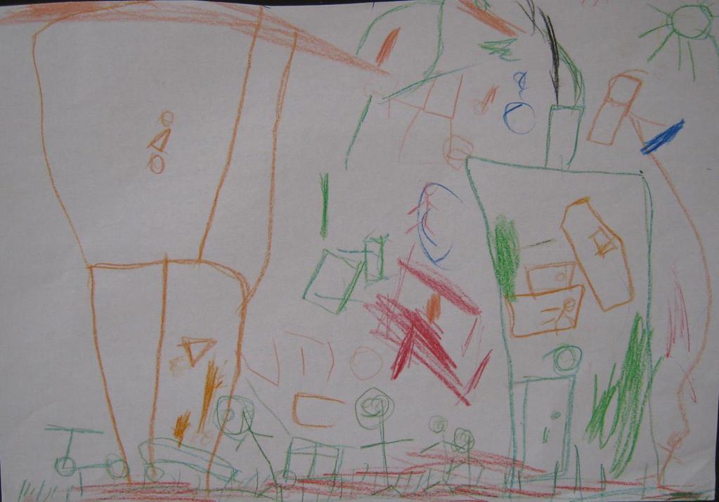 Slika 23., V.P. (3 godine i 8 mjeseci), kuća, olovka u boji c) DINAMIČNOST CRTEŽA Dijete u uratku ne želi prikazati samo statičnu situaciju, već i kretanje.