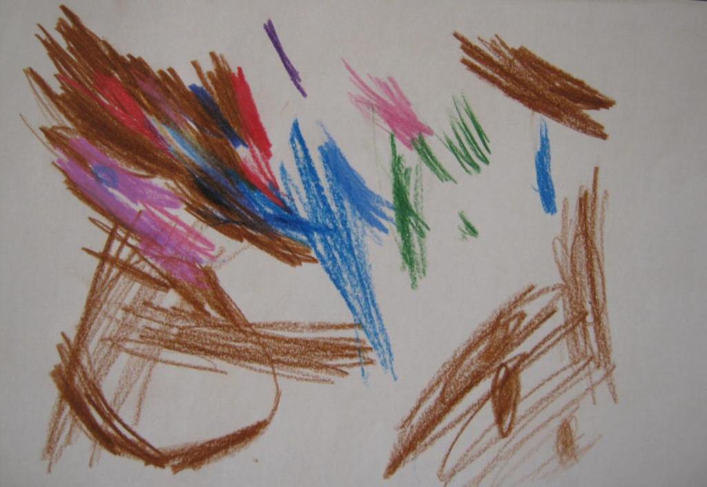 Na slici 26. dijete je skupinu djece u igri prikazalo različitim bojama. Svaka mrlja boje simbolizira jedno dijete. Okosnicu uratka predstavlja smeđa boja raspoređena na uglovima uratka. Slika 26., L.