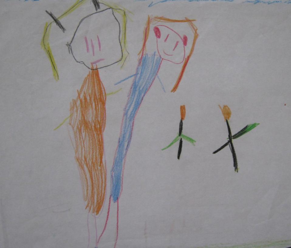 Slika 33., S.D. (4 godine), moja obitelj, pastele S obzirom na mogućnost likovnog izražavanja, djevojčica se nalazi u fazi oblika i pojava. Dijete je naslikalo dvije osobe, majku i oca.