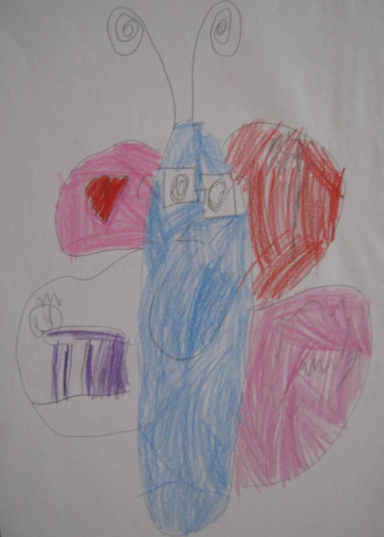 Slika 36., L.V. (6 godina), moja obitelj, pastele Prema sposobnosti likovnog izražavanja, djevojčica se nalazi u fazi oblika i pojava.