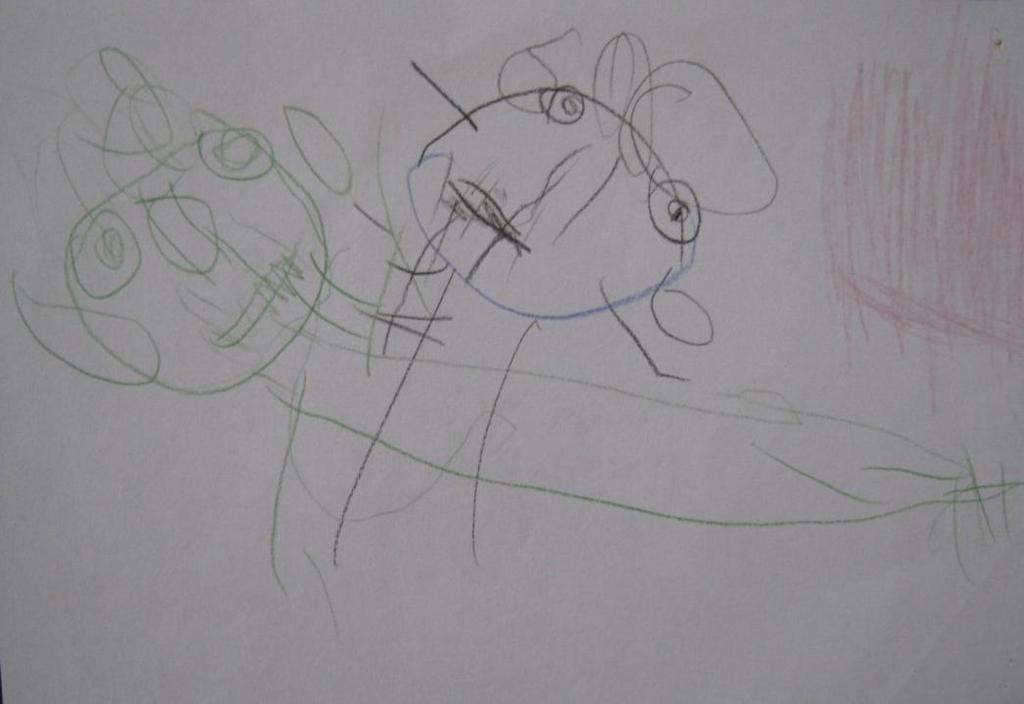 Slika 37., D.S. (3 godine i 7 mjeseci), moja obitelj, olovka u boji Dijete se s obzirom na mogućnost likovnog izražavanja nalazi u početnoj fazi razvijene sheme.