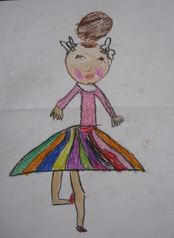 Slika 41., N.Z. (6 godina), autoportret, pasteli Uradak prikazuje osobu koja pleše. "Tko je to?" upitala sam djevojčicu koja je slikala brzo, nemirno, sigurno. "To je plesačica! I ja znam plesati!