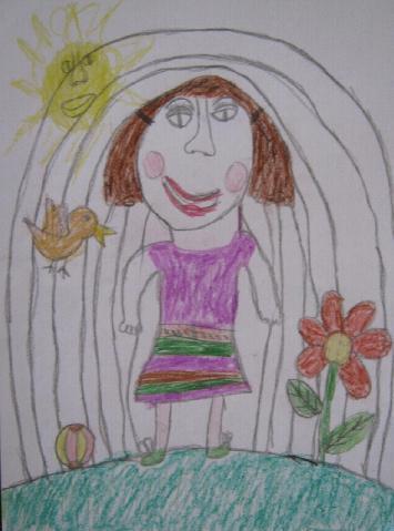Slika 44., L.A. (6 godina), autoportret, pastele Djevojčica je naslikala svoj lik koristeći najprije crnu voštanu pastelu.