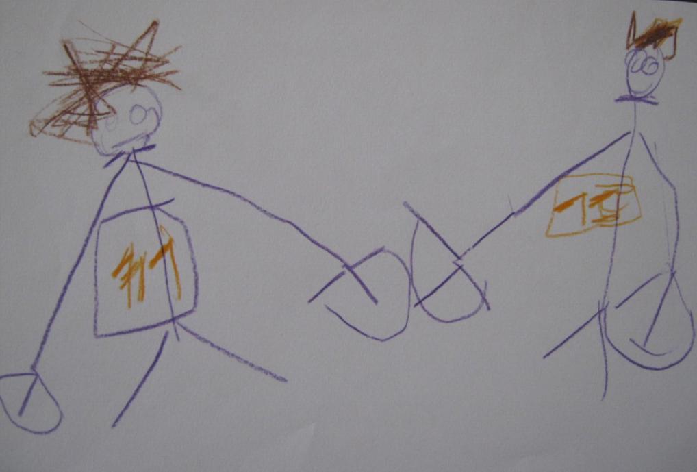 Slika 51., V.P. (5 godina), boksačke rukavice, pastele Dječak je naslikao poklon koji je dobio od tate kada je ovaj doputovao. Dobio je boksačke rukavice.naslikao je dvije figure koje se boksaju.