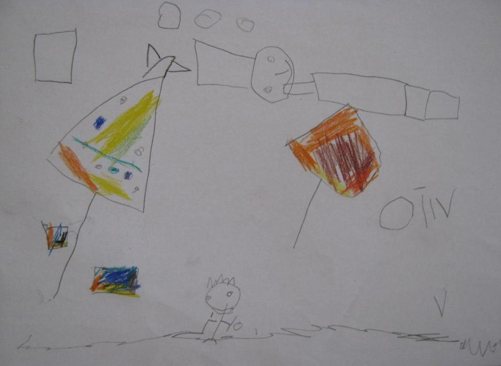 Tim postupkom je slika dobila ravnotežu i djeluje vrlo dekorativno. Slika 53., V.P. (5 godina), plaža, kombinirana tehnika: olovka, olovka u boji Na uratku se raspoznaju dvije ljudske figure.