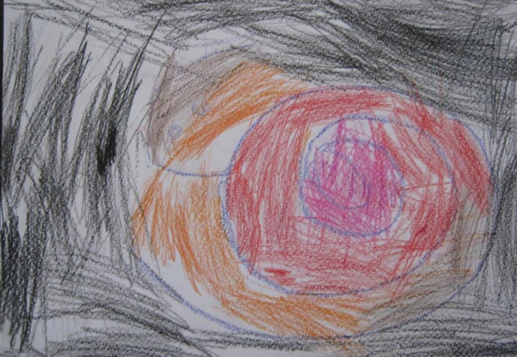 Slika 55., D.D. (4 godine), počinak, pastele Ovaj maštovit i kreativan uradak u kojem se dijete igra bojama i oblicima slobodno i nekonvencionalno, pokazuje da se nalazi u fazi razvijene sheme.
