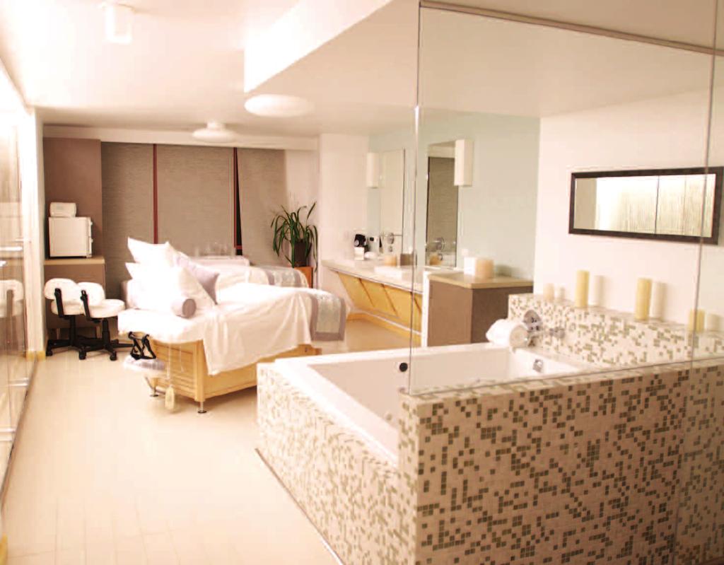 Amenities include ten therapy rooms; a couples room for shared relaxation; steam sauna; a full service salon featuring manicure, pedicure and hair