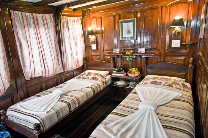 The staterooms and the salon are air-conditioned and have elegant raised wood panelling in the style of the classic steamships that once cruised these majestic rivers.