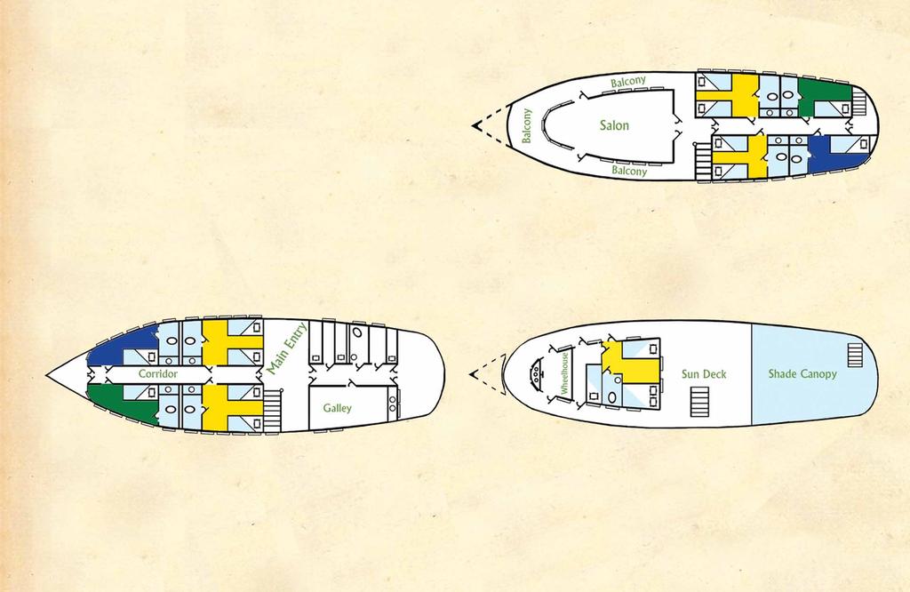 Deck Plans - Motor Yacht Tucano Middle Deck Staterooms and are Yellow category doubles and have two beds side by side.