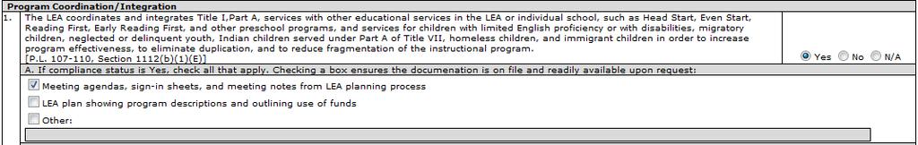 Guide to Answering s In Compliance Reports for 2015-2016 The format of the program implementation questions for Title I, Part A, Title I, Part D and School Choice Option (Title IX) was changed in