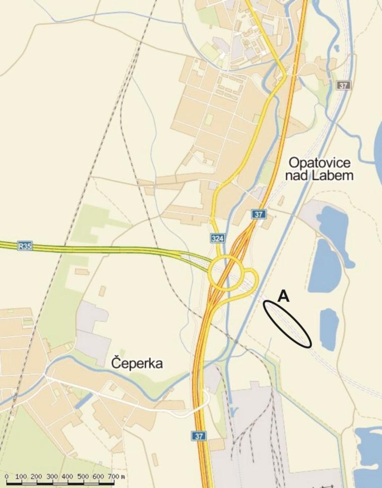 Figure 2: Opatovice nad Labem. A) Excavation area (Source: www.mapy.cz) 2.2 Description of the examined site A larger extension of the area was done where archaeological contexts were accumulated.