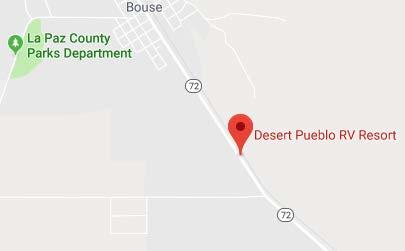 Bouse Desert Pueblo RV Resort Park #985471 Come enjoy the sunny weather and the beautiful Sonoran Desert found only in Arizona! Full hookups. Pull thru sites. 20/30/50 AMP. 30 x 60 spaces.