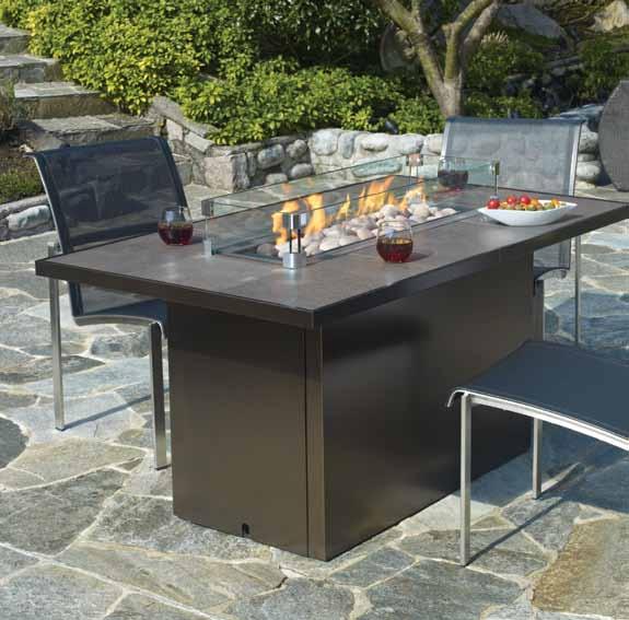 Plateau PTO30IST Island firetable shown with slate black tile top, copper glass crystals and windshield.