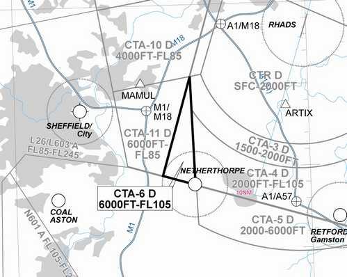 Netherthorpe. This is designated CTA-6 which has a base level of 6000ft AMSL and an upper level of FL105. The delineation of this CTA is shown in Figure 2-6. 2.9 