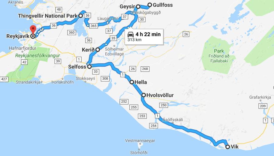 Day 4 - Geysir Gullfoss waterfall - Park Thingvellir - Reykjavik. Drive west on road 1. After passing Selfoss Take road 35, Make a stop at the volcanic crater Kerið. Kerið is a volcanic crater lake.
