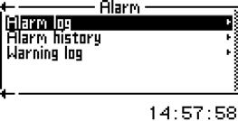 Smetnje 13 Smetnje Podmeni Alarm (Alarm) sadrži točke menija: Alarm log (Zapisnik alarma) Alarm history (Tijek alarma) Warning log (Protokol upozorenja) 13.
