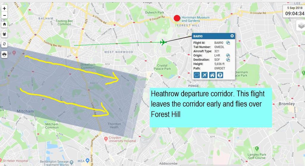 Easterly wind, a Heathrow takeoff route is to the south While this happens, a proportion of easterly operations