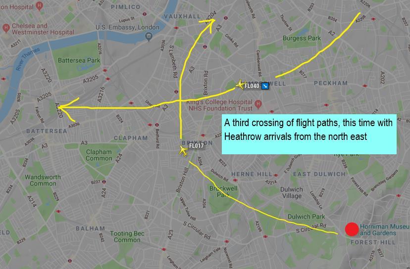 LHW and LCY simultaneous arrival overflights (4) City flights continue north at 1700 feet Meanwhile a Heathrow flight arrives from north east, at