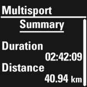 Multisport Summary (Sažetak za više sportova) vam pruža opće podatke o cijelom vježbanju. Trajanje Udaljenost Pritisnite gumb za POČETAK za prikaz dodatnih pojedinosti o cijelom vježbanju.