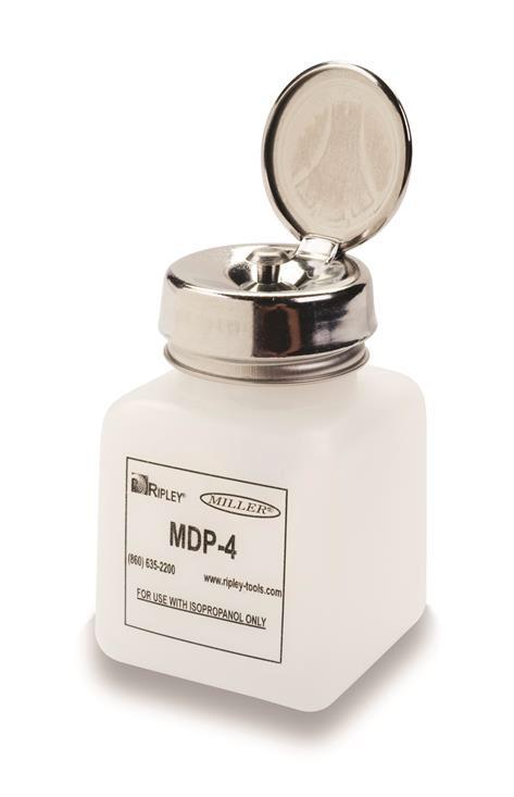 MDP-4 Dispensing Pump Square HDPE 4 oz (118 ml) container with stainless steel pump, used with Isopropanol for proper and stable cleaning of fiber during the cable preparation.