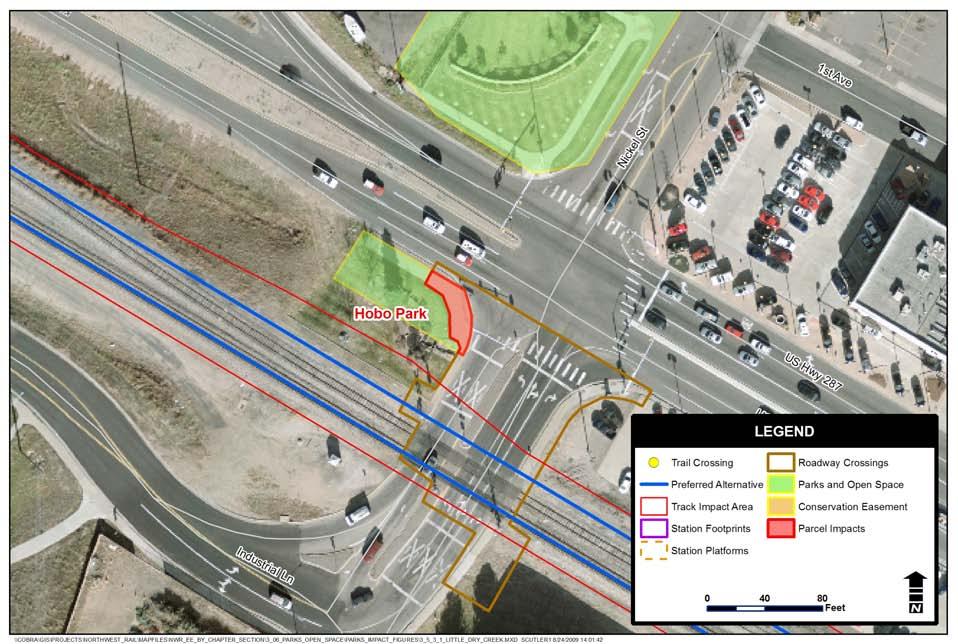 Broomfield Section The Preferred Alternative would directly impact 0.02 acre of Hobo Park as a result of the roadway improvements to US Highway 287 and Nickel Street at the rail line (Figure 3.