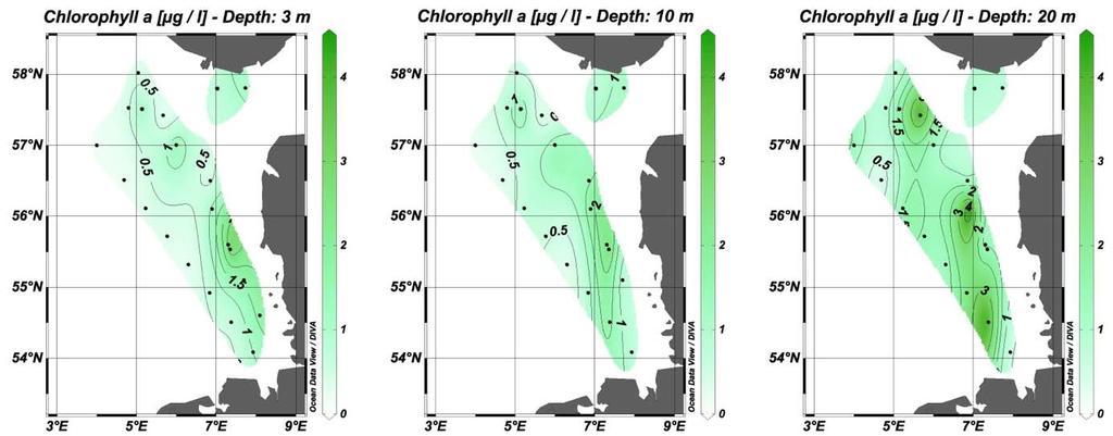 Fig. 3: Chlorophyll a at 3 m (left), 10 m (center) and 20 m depth (right) in