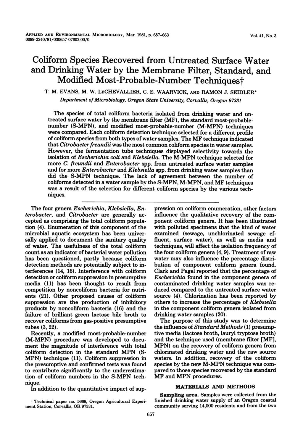APPLIED AND ENVIRONMENTAL MICROBIOLOGY, Mar. 1981, p. 657-663 0099-2240/81/030657-07$02.00/0 Vol. 41, No.