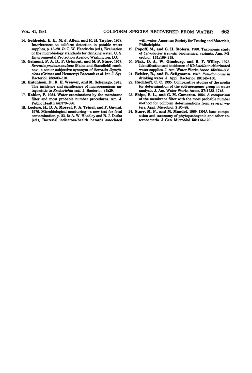 VOL. 41, 1981 14. Geldreich, E. E., M. J. Allen, and R. H. Taylor. 1978. Interferences to coliform detection in potable water supplies, p. 13-20. In C. W. Hendricks (ed.