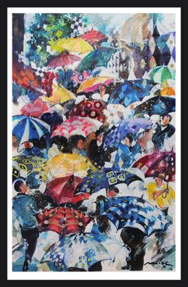 Auction Item 1 Auction Item 2 Dancing Umbrellas Misha Lenn This is a framed signed Misha Lenn original painting. It is valued at approximately 3,000.