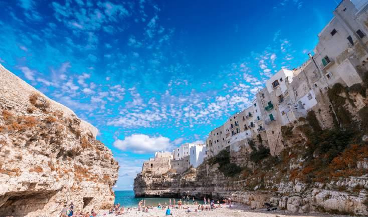 In the afternoon we check into our luxury resort then head for the picturesque town of Polignano a Mare, a shining gem on the coast of the Valle d Itria, perched atop a 20 metre-high limestone cliff