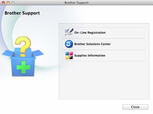Pojavit će se sljedeći zaslon: Pristup podršci tvrtke Brother (Macintosh) Možete pronaći sve potrebne kontakte, poput mrežne podrške (Brother Solutions Center).