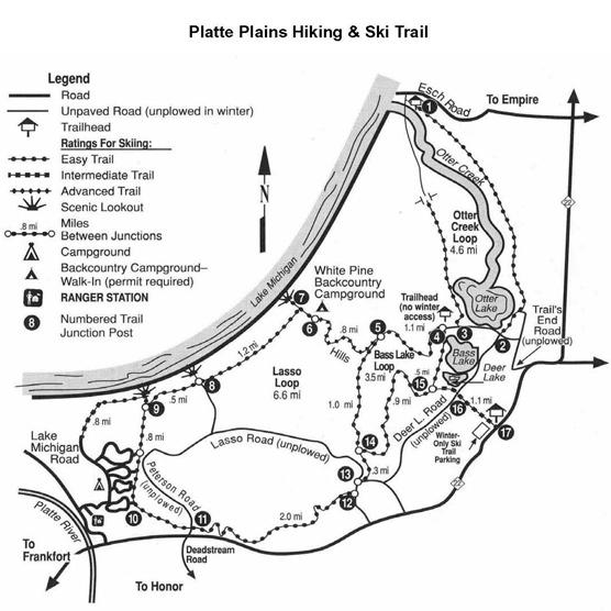 #2 Platte Plains Hiking and Ski Trail Location: There are several trailheads for this large trail system: on the gravel oad near the end of Esch Road, the end of Trail s End Road, and Platte River