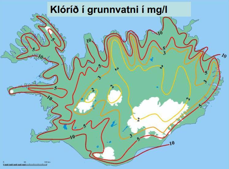 MYND 1 Klóríðstyrkur í grunnvatni á Íslandi [9].
