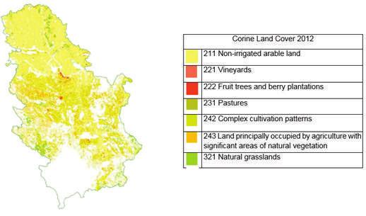 Figura B6.4. Harta Corine Land Cover për tokat bujqësore dhe kullotat natyrore Tabela B6.2. Klasat e tokës bujqësore dhe kullotave natyrore sipas Corine Land Cover Kategoritë/ klasat CLC 2012.