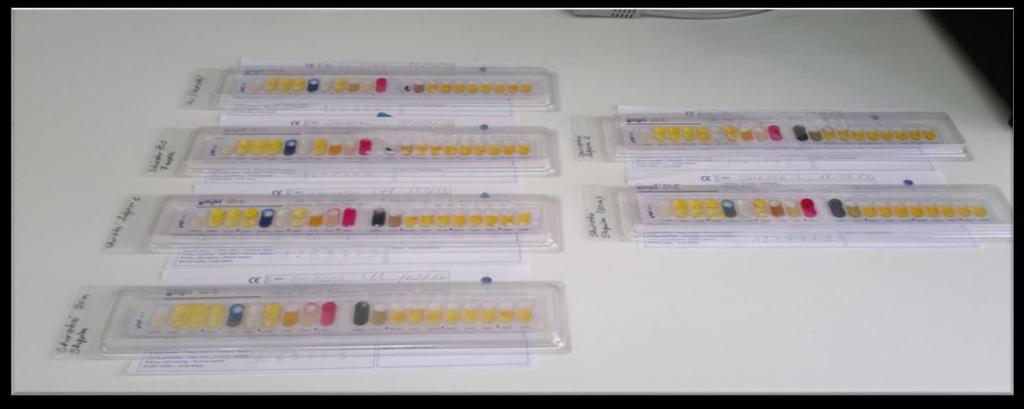 shtimit të reaktivëve të ndryshëm si p.sh. testi TDA (ngjyrë kafe në të kuqe), testi i