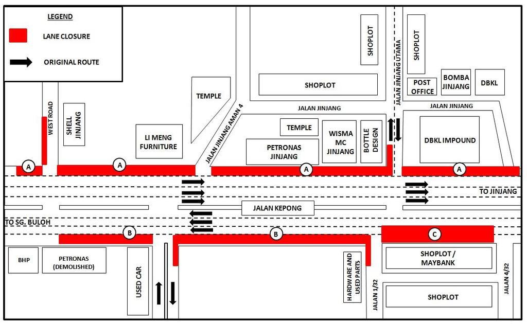 Closure C: Two (2) lanes closure for a total stretch of 150 metres starting from Jalan 4/32 until Jalan 1/32 (Sungai Buloh-bound).