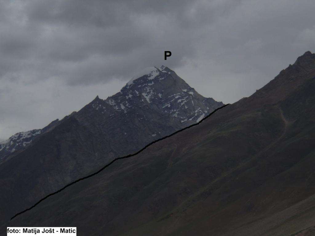West face of Starikatchan (H7, 5904 m) marked with P as seen from main Kargil