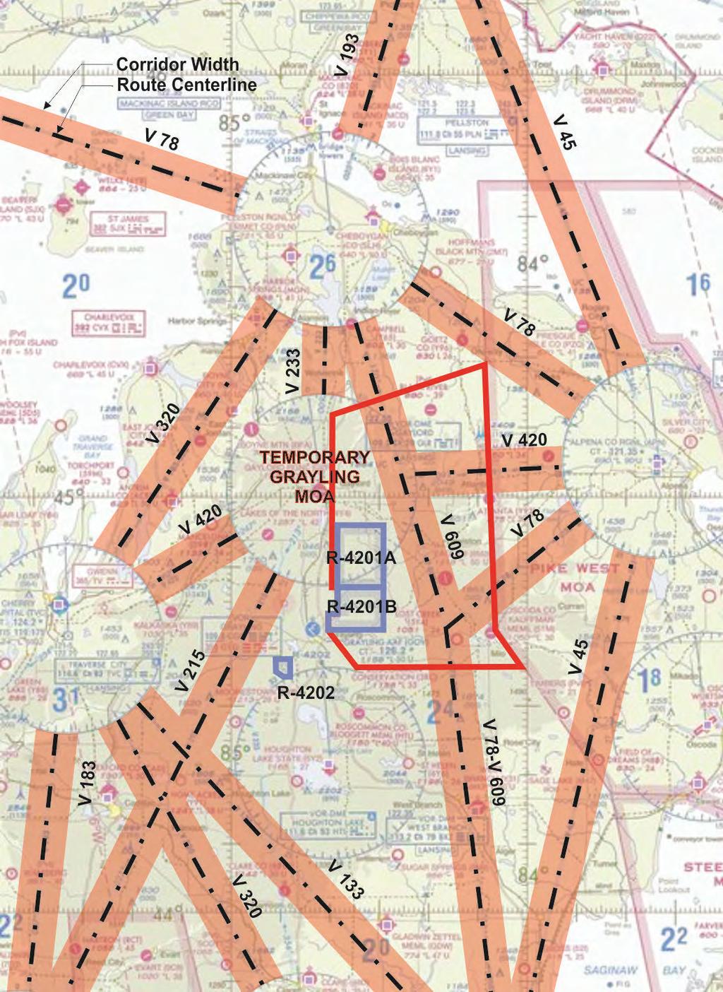 when the Grayling Temporary MOA would be activated, and much lower usage other times of the year. Sources: FAA 2015b. Figure 3-4. Federal Air Corridors V-215 & V-233.