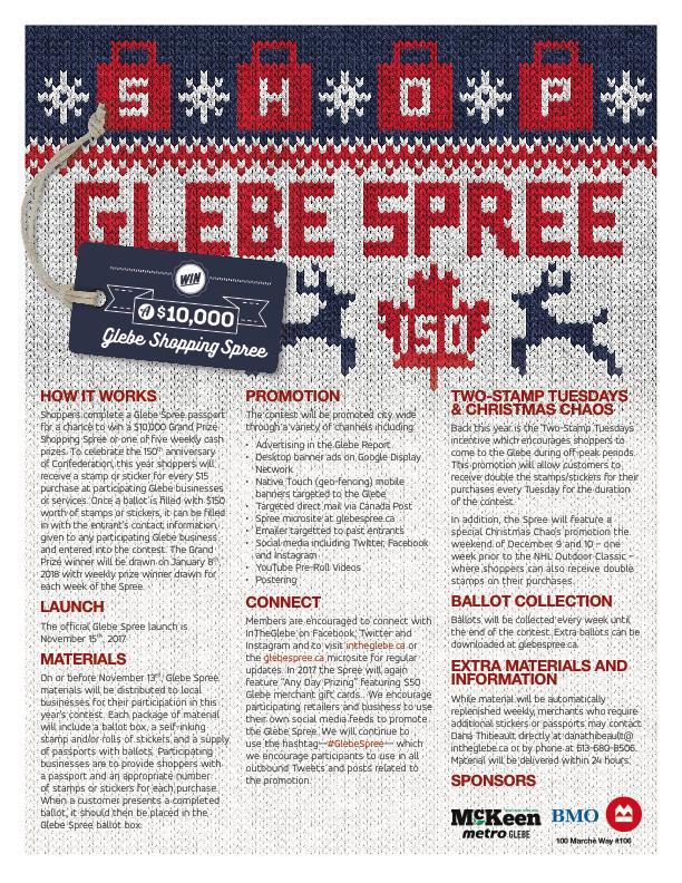 MERCHANT ENGAGEMENT Glebe Spree 150 strategy presented to Glebe merchants via: BIA board meetings throughout summer and fall 2017 An official launch at the annual general meeting Advertising in the