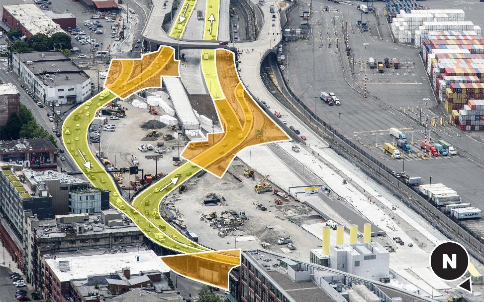 The graphics below show the path of SR 99 today (yellow) and work zones during the closure (orange).