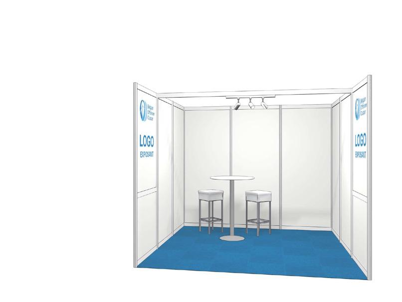 INVITATION TO EXHIBIT STAND = 3 x 3 m includes: - blue carpet, roof profile and lightning - back and side wall (open stand has 1 side wall,
