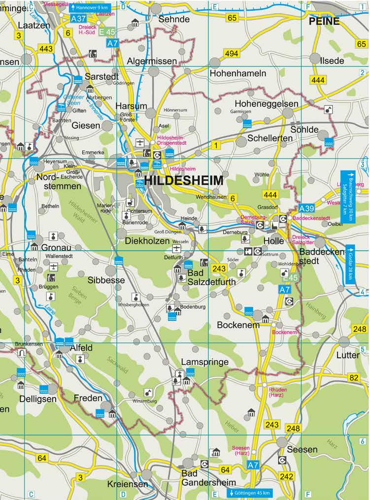 HOLIDAY MAGAZIN HILDESHEIM 2019 map of accommodaton n the regon B C D E 1 2 24 49 2 38 3 40 47 37 18 12 13 3 Sorsum 20 25,26,27 16 17 39 19 4 campng grounds amusement park fortress, castle 4 29