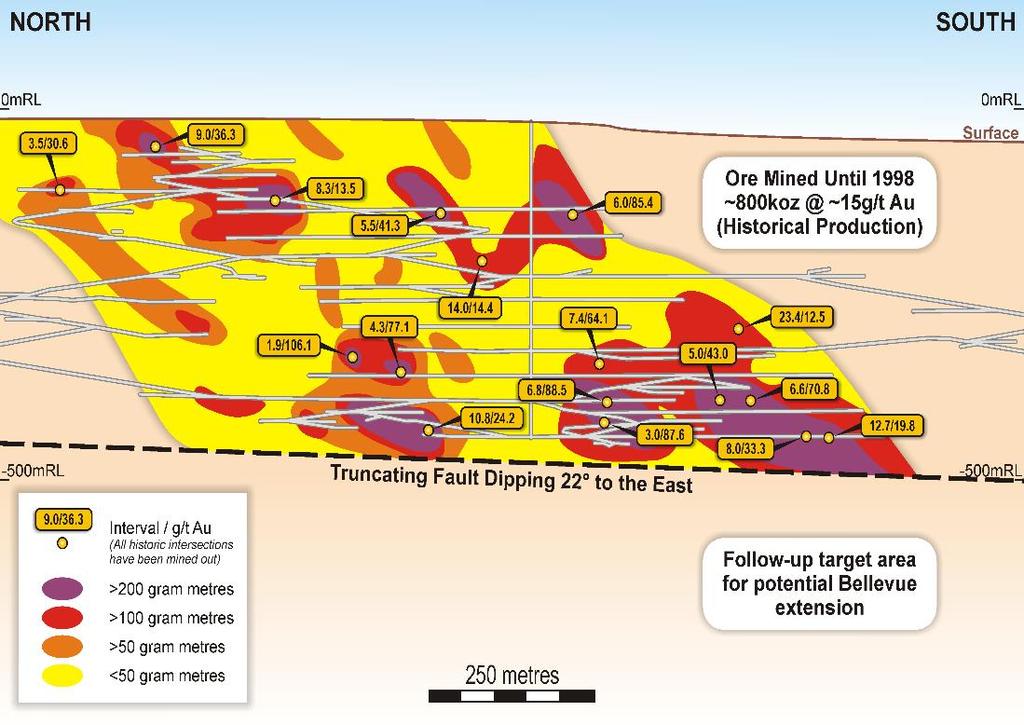 ANOTHER NEW HIGH-GRADE DISCOVERY: JUST BELOW BELLEVUE MINE TARGETING THE EXTENSION OF THE HISTORIC HIGH-GRADE BELLEVUE GOLD LODE Bellevue is a very high-grade lode mined underground to only 450