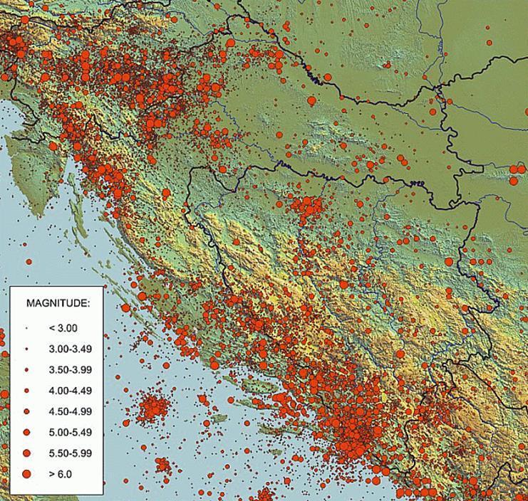 Slika 12. Karta seizmičnosti Hrvatske i okolnih područja od pr.kr. do 2008. (Geofizički odsjek PMF-a; M. Herak, D. Herak i S. Markušić (1996): Terra Nova, 8, 86-96). (Izvor: http://www.gfz.hr/seismap.